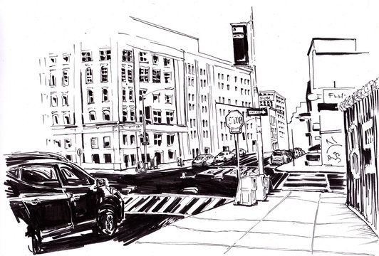 Street New York with road and cars. Sketch in ink.