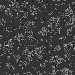 Seamless pattern with funny cartoon unicorns, hearts and stars contour white icons on dark background