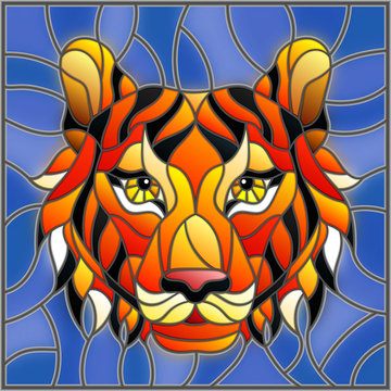 The illustration in stained glass style painting with a tiger head on a blue background , square image