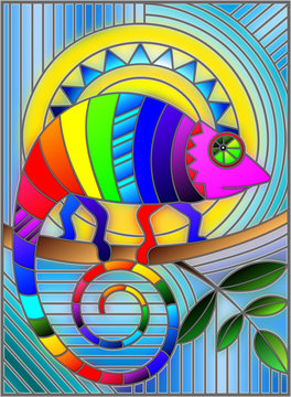 Illustration in stained glass style with abstract geometric rainbow chameleon