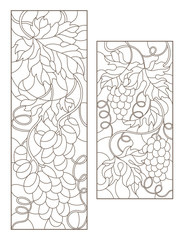 Set contour illustrations of stained glass with grapes and grape leaves , black contour on white background