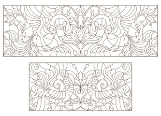 Set contour illustrations of stained glass with abstract flowers and birds and the dark outline on a white background