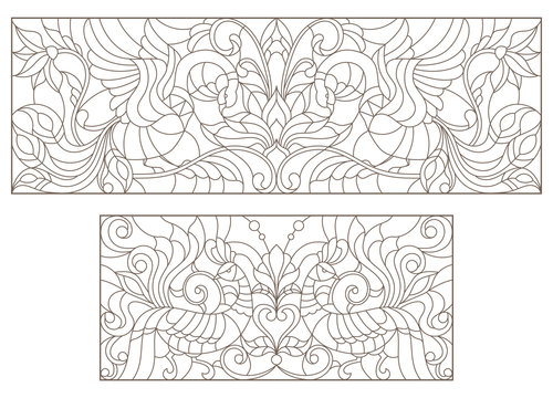 Set contour illustrations of stained glass with abstract flowers and birds and the dark outline on a white background