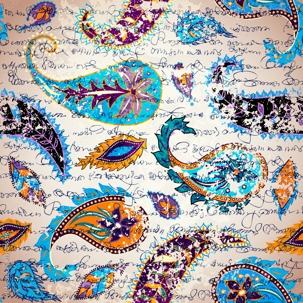Poster manuscript vintage pattern with grunge elements paisley. seamless pattern in indian style.
