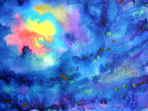 abstract artwork yellow red light sun moon on dark blue sky night watercolor painting illustration background hand drawn