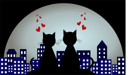 lovers in the background of a night city. Love. loving cats.