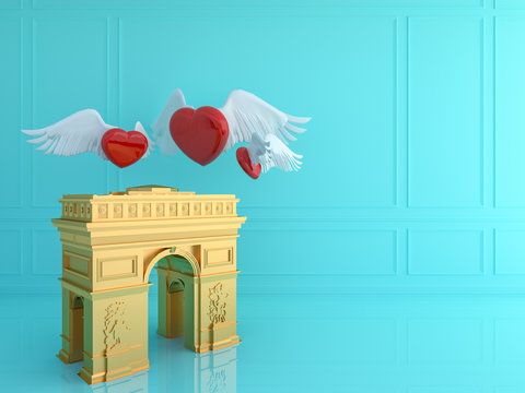 Golden Arc de Triomphe .Love travel Paris concept.3d render