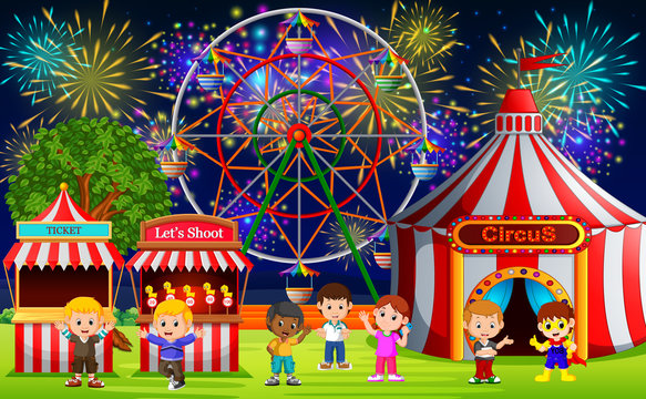 Many Children having fun in carnival at night