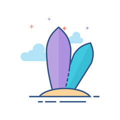 Surf board icon in outlined flat color style. Vector illustration.