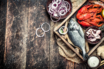 Seafood in an old tray.