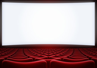 cinema screen with red seats backgound 3d illustration