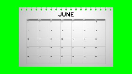 Closeup of a calendar with fast flipping pages. Shot with green screen background