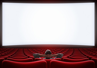 empty cinema hall with lonely VIP man sitting 3d illustration - obrazy, fototapety, plakaty