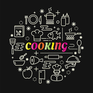 cooking colorful gradient with line icons set