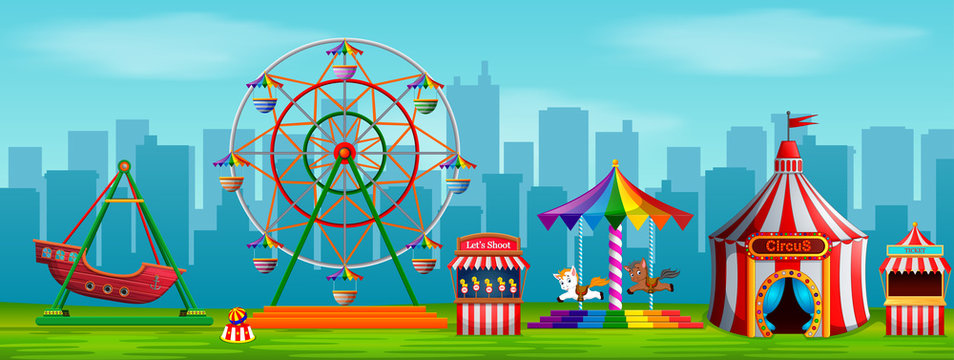 Amusement park scene at daytime with city background
