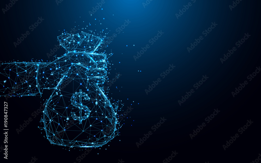 Poster Abstract hand holding a money bag form lines and triangles, point connecting network on blue background. Illustration vector