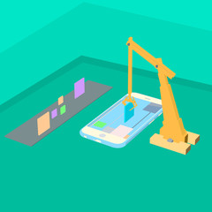 Smartphone technology creative process with crane. Visualization flat 3d web isometric infographic concept vector. Placing building blocks to smartphone.