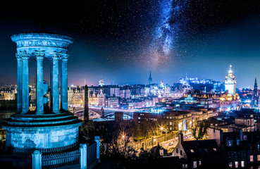 Night view from Calton Hill to Edinburgh with stars