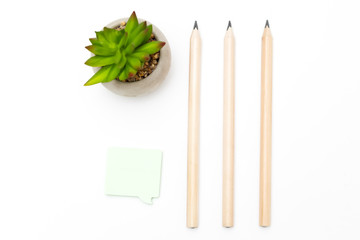 Stationery items on white background. Mininmalism desktop