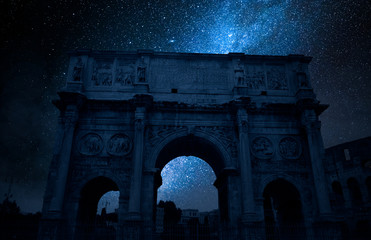 Milky way and Triumphal arch in Rome at night, Italy