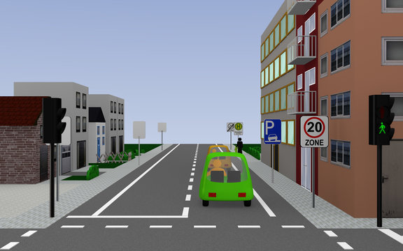Hauptstraße mit den Schildern Zone 20, Parken auf dem Gehweg erlaubt, Schulbushaltestelle mit deutschem Text: Schullbus Werktags und Ende Zone 20. 3d render