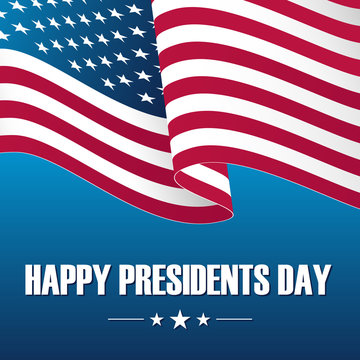Happy Presidents Day celebration card with waving USA national flag on blue background. Vector illustration.