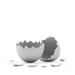 Broken empty white egg shell isolated on white background. 3D illustration