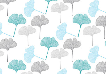 Hand drawn ginkgo leaves vector pattern in blue, green and gray colors palette