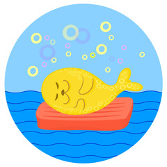 Yellow seal lying on red mattress at sea. Vector color cartoon illustration.