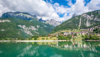 Fototapeta na wymiar Lake Molveno, a wonderful lake, in western Trentino Alto Adige, Italy,