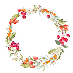 Fototapeta na wymiar Watercolor winter christmas floral wreath