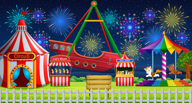 Amusement park scene with circus tent and firework
