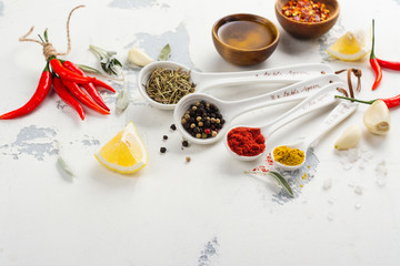 Dry herbs and spices in measuring spoons on white stone kitchen table