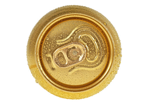 Can of beer in drops of water isolated on white background, top view