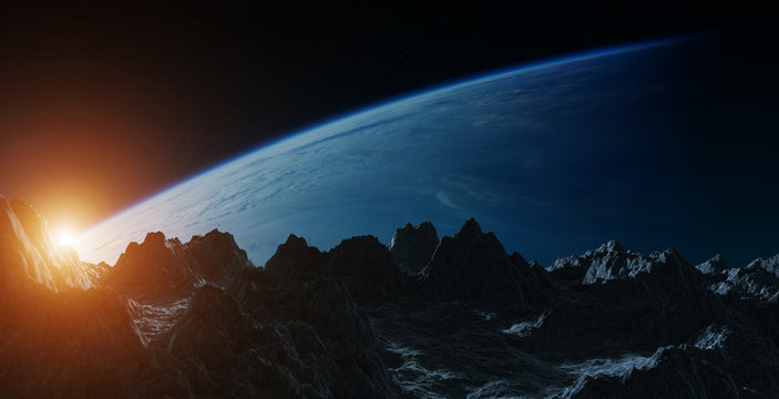 Asteroids flying close to planet Earth 3D rendering elements of this image furnished by NASA