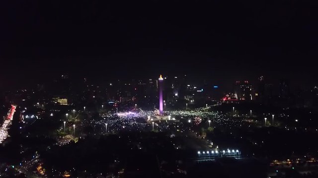 National Monument Jakarta with fireworks at 2018 new year celebration