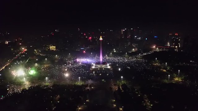 National Monument Jakarta with fireworks at 2018 new year celebration