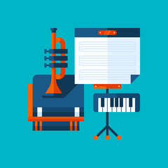 Colorful illustration about music education in modern flat style. College subject icon on cyan background. Musical instruments, music stand, books.