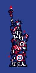 Fototapeta na wymiar Statue of Liberty illustration with abstract floral and patriotic elements. 4 July Independence Day vector template. Useful for prints, posters and advertising.