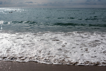 Foamy atlantic ocean wave on beach sand.