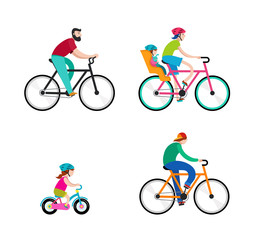 Fototapeta premium People riding on bicycles in the park, active family vacation