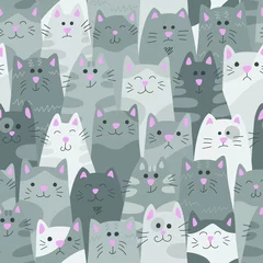 Gordijnen Katten. Naadloze patroon in doodle en cartoon stijl. Grijs. Vector. Eps 8 © Elena Pimukova