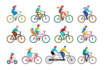 People riding on bicycles in the park, active family vacation