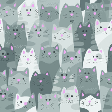 Cats. Seamless pattern in doodle and cartoon style. Grey. Vector. Eps 8
