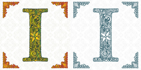 Vector letter I. Patterned font. Monogram. Unique ornamental alphabet. Spring leaf pattern. Handmade. Template for wedding invitations, postcards, booklets, posters, printing.