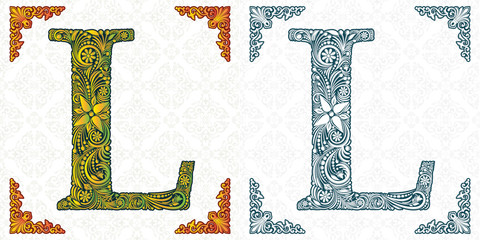 Vector letter L. Patterned font. Monogram. Unique ornamental alphabet. Spring leaf pattern. Handmade. Template for wedding invitations, postcards, booklets, posters, printing.