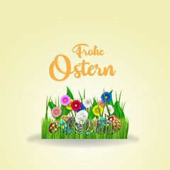 Bunte Ostereier. Frohe Ostern. Happy easter image vector. Modern happy Easter background with colorful eggs and spring flower. Template Easter greeting card, vector.