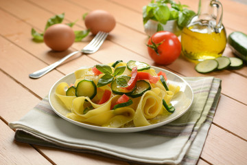 egg pappardelle with zucchini and tomato