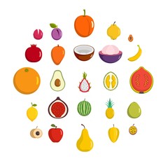 Fruits icons set. Flat illustration of 25 fruits vector icons isolated on white background