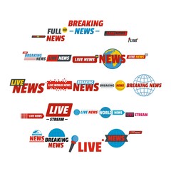 News live breaking label icons set. Flat illustration of 25 news live breaking label vector icons for web
